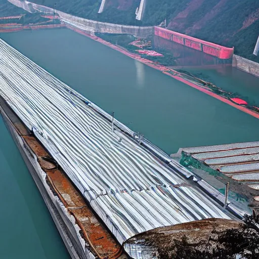 Prompt: the collapse of the Three Gorges Dam, photograph, near future, hyperrealistic, apocalyptic, destruction