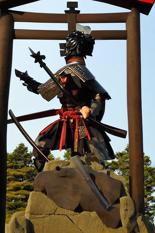 Image similar to a godlike and indomitable helmeted samurai wielding their Odachi before a large Torii gate, the rising sun in the background. Photo realistic. Award winning