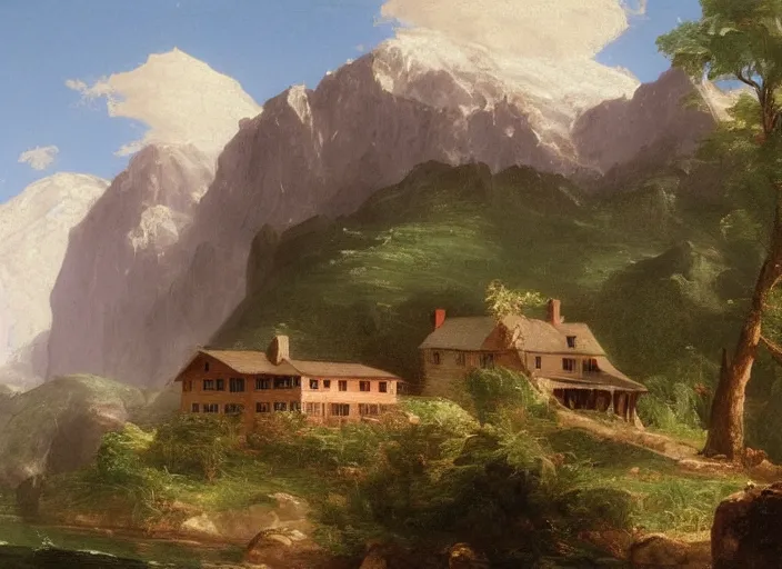 Prompt: painting of a william krisel house in front of mountains by thomas cole