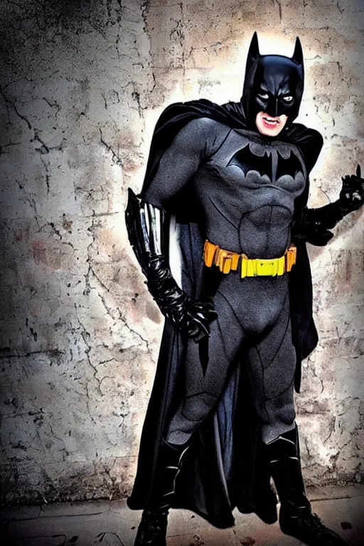 Image similar to batman cosplay, creepy, disturbing, bloody, darkness, grainy