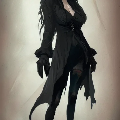 Image similar to female human vampire witch in the style of greg rutkowski, makoto shinkai, trending on artstation, character design, concept art, pretty face, highly detailed, long black hair, portrait, digital art