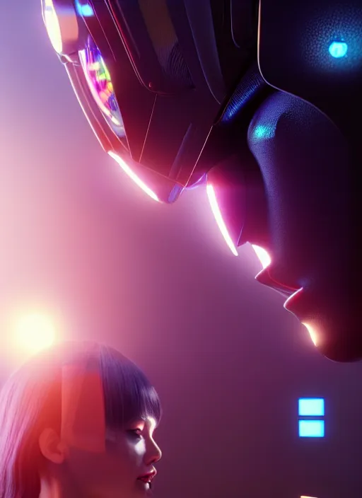 Prompt: ultra realistic, 3 d render, close - up of a beautiful couple of robots kissing, cyberpunk, sci - fi, kodak, flare, octane render, colour led, soft light, volumetric lighting, night, intricate, highly detailed, digital painting, concept art, smooth, sharp focus, rendering, embiased render, art by artstation