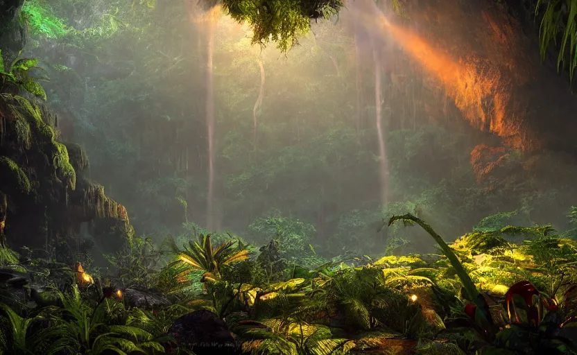 Image similar to a beautiful render of a dark prehistoric rainforest in a humongous cave, lush flora, patches of yellowish - red - magenta sky, sunset lighting, fireflies, floating mountains and a waterfall in the background, intricate detail, hazy, humid, volumetric lighting, god rays, 8 k, photorealistic, raytracing effects, unreal engine 5