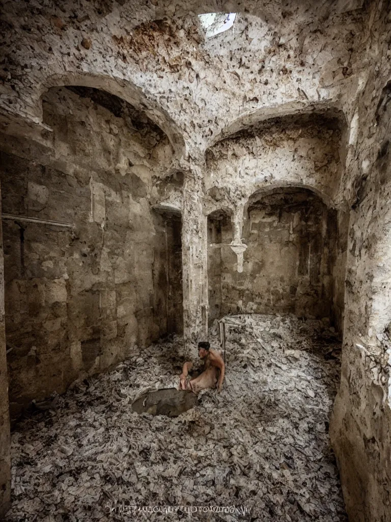 Prompt: shoggoth in an abandoned roman bathhouse, cinematic, realistic photography