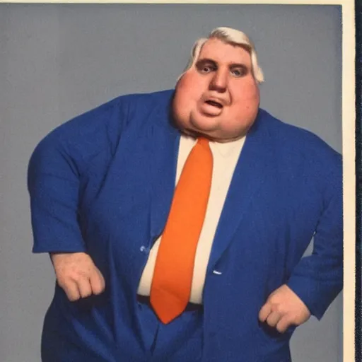 Prompt: color photo of a tall, angry, obese man in his mid 7 0's, with blonde hair and an orange face, wearing a dark blue suit, a white shirt, and a red tie