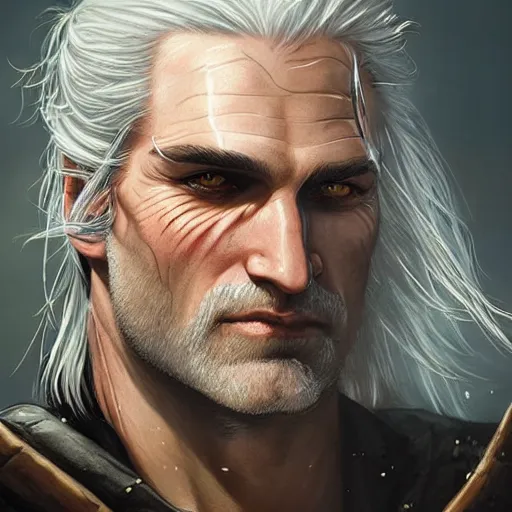 Image similar to closeup portrait of Geralt of Rivia, D&D, fantasy, highly detailed, digital painting, trending on artstation, concept art, sharp focus, illustration, art by artgerm and greg rutkowski and magali villeneuve