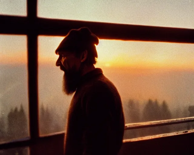 Image similar to award - winning lomographic tarkovsky film still of 4 0 years russian man with beard and sweater standing on small hrushevka 9 th floor balcony in taiga looking at sunset, kodak ektar, bokeh