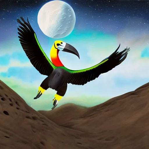 Image similar to photography hyperrealistic tucan on the moon