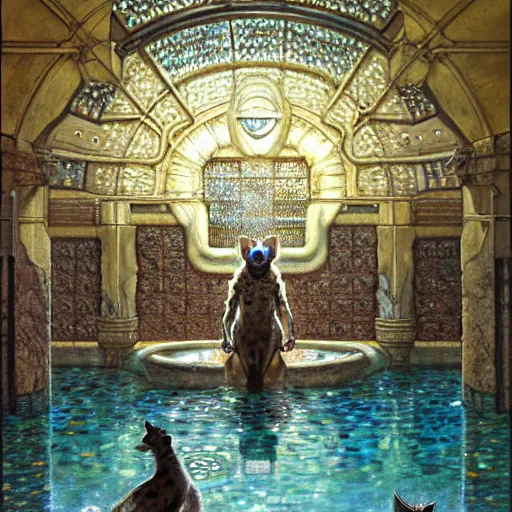 Image similar to portrait of a male hyena in a public bath. shadowrun furaffiniy cyberpunk fantasy highly detailed painting by gaston bussiere craig mullins jc leyendecker gustav klimt artgerm greg rutkowski john berkey, bergey, craig mullins, ruan jia, raymond swanland, jeremy mann, tom lovell, alex malveda