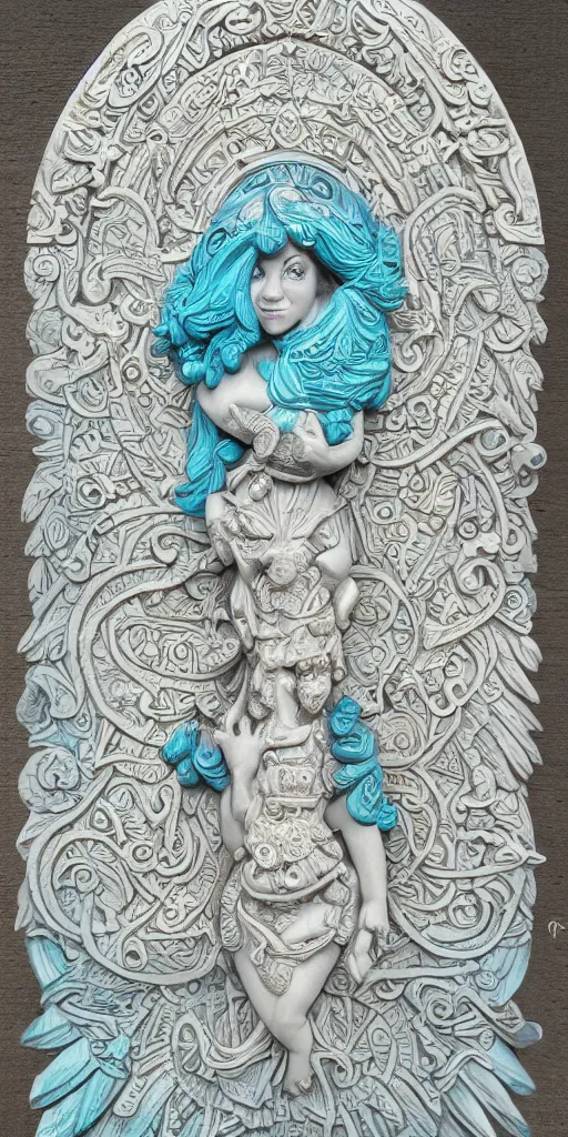 Image similar to intricate colourfully painted carved Soapstone relief paneling, white and pale blue , celestial, piggy, pig goddess, mother earth, Earth Goddess mythology, Gaia, angels, divinity, Ghostly, crystaline celtic, insanly detailed , artstation, wallpaper, hyper realistic, realistic lighting