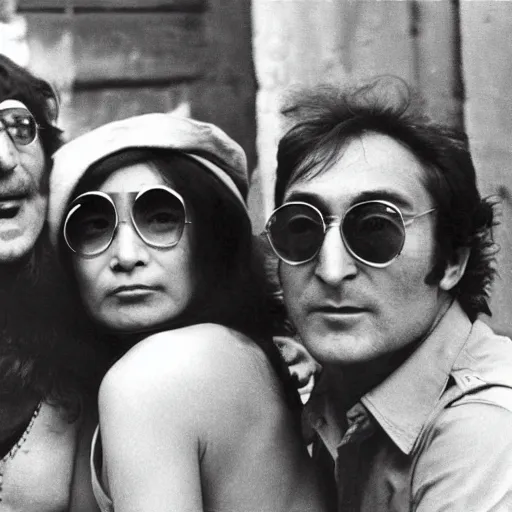 Image similar to john lennon and yoko ono smoking with an old nepali man from 1970s era, vintage photograph