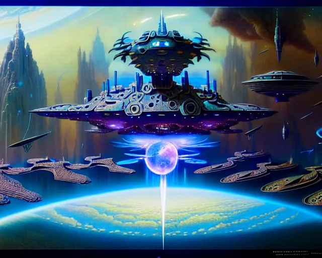 Image similar to babylon 5 space station, fantasy landscape made of fractals facing each other, ultra realistic, wide angle, intricate details, the fifth element artifacts, highly detailed by peter mohrbacher, hajime sorayama, wayne barlowe, boris vallejo, aaron horkey, gaston bussiere, craig mullins