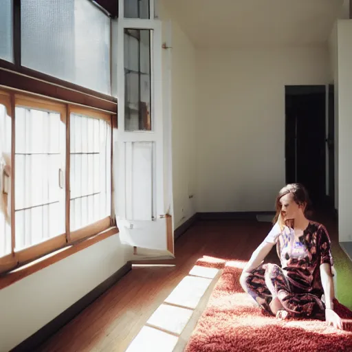 Image similar to person in pyjamas standing near window, turned back to camera, cinematography, sun rays, daylight, big french door window, windowsill, big spatious room, carpet at the floor, wide shot, furnished room, anamorphic shot lens, window at the center, wooden floor, modern, winter sun, photorealistic, high ceiling