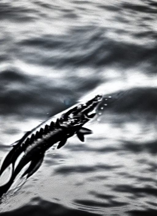 Image similar to a real life gyarados swimming in a lake, proof photograph, black and white, blurry, old camera, grainy, in motion