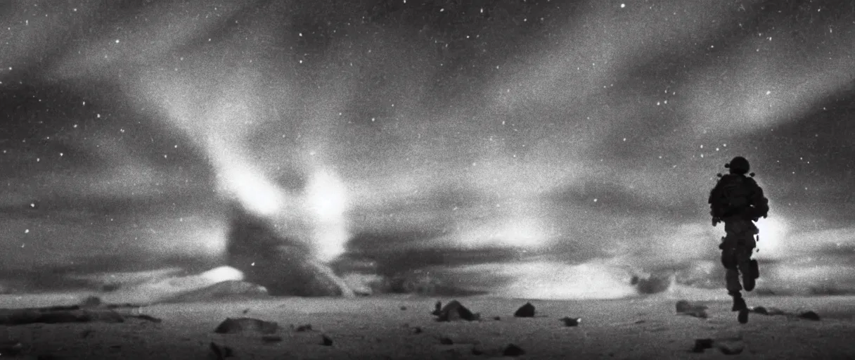 Prompt: a high quality color creepy atmospheric dimly lit extreme closeup film 3 5 mm depth of field photograph of a us soldier frantically running away from a huge explosion in mcmurdoch station in antarctica in 1 9 8 2 with the aurora borealis in the sky at night