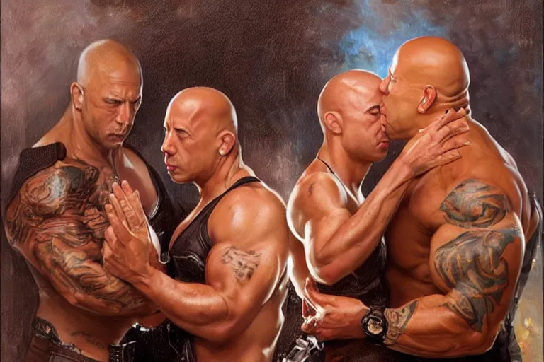 Prompt: portrait of vin diesel and dwayne the rock johnson sharing spaghetti noodle kiss, an oil painting by ross tran and thomas kincade