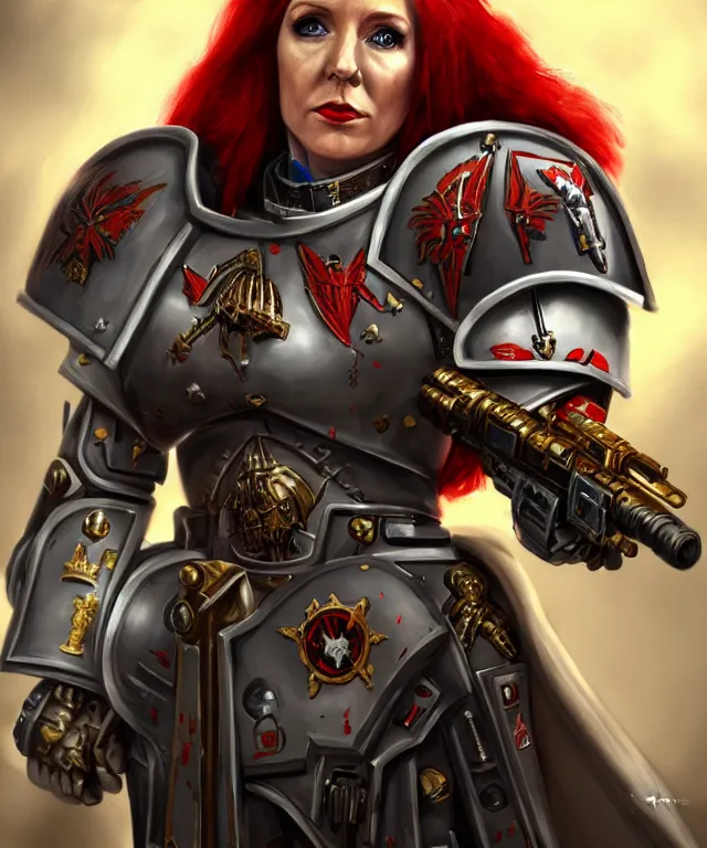 Prompt: Angela Rayner as a Warhammer 40k Battle Sister, portrait, highly detailed, intricate, concept art, artstation