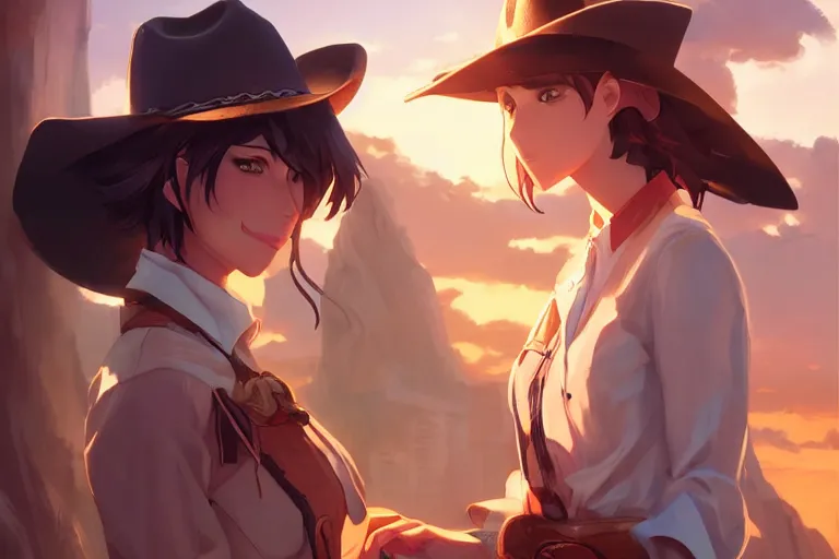 Image similar to cowgirl western girlfriend, scenic full shot, ambient lighting, detailed face, by makoto shinkai, stanley artgerm lau, wlop, rossdraws