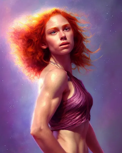 Image similar to actress wearing halter top, perfect face, flowing ginger hair, abs, cinematic, stunning, athletic, strong, agile, highly detailed, psychedelic, digital painting, artstation, smooth, hard focus, illustration, art by jessica rossier and and brian froud