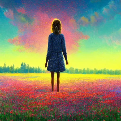 Image similar to girl made from large flower, standing in flower field, surreal photography, big trees, sunrise dramatic light, impressionist painting, colorful clouds, digital painting, pointillism, artstation, simon stalenhag