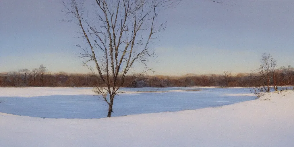 Image similar to little river, end of afternoon, winter, snow, countryside, peter sculthorpe, painting, artstation