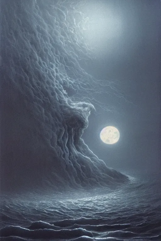 Prompt: A stunning detailed Shoggoth by Zdzisław Beksiński, stormy ocean, beautiful lighting, full moon, detailed swirling water tornado, artstation