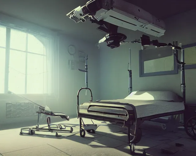 Prompt: artstation scifi scene an old ward, one ceiling fan, wheelchair, crutches, bed, dust, paneled walls, window, summer unreal engine 5, hyper realism, realistic shading, cinematic composition, blender render, octane render, hdr, detailed textures, photorealistic, wide shot