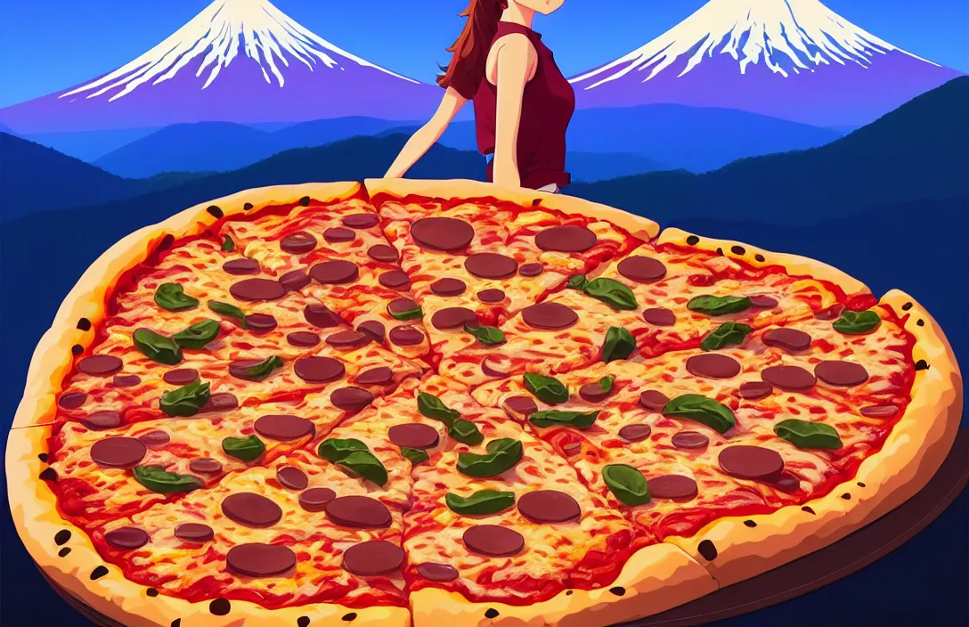 Image similar to portrait of pizza shapes, mount fuji background, rich vivid colors, ambient lighting, dynamic lighting, 4 k, hq, official media, anime key visual, makoto shinkai, ilya kuvshinov, lois van baarle, rossdraws, detailed, trending on artstation