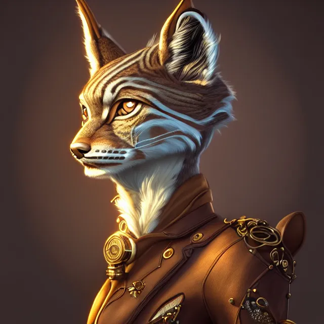 Image similar to the portrait of anthropomorphic lynx fursona wearing a steampunk suit as unimaginably beautiful, gorgeous, elegant, young lynx, an ultrafine hyperdetailed illustration by furaffinity, intricate linework, white fur, unreal engine 5 highly rendered, global illumination, radiant light, detailed and intricate environment