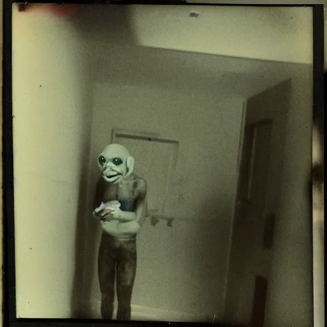 Image similar to found polaroid photo, flash, interior abandoned hospital, slime mutant creature standing