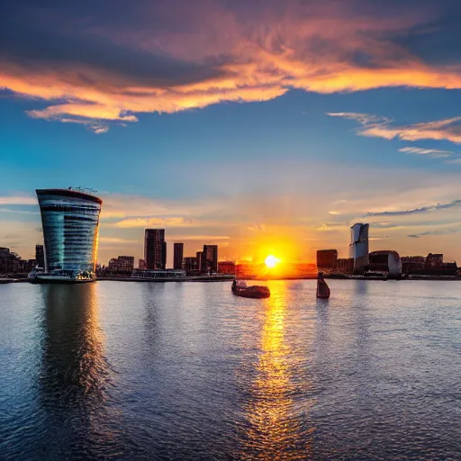 Image similar to award winning photograph of sunrise over rotterdam