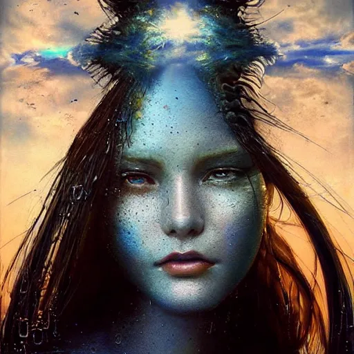 Prompt: 3 d, sci - fi, close - up, morning, smiling fashion model face, sun, cinematic, clouds, sun rays, vogue cover style, poster art, blue mood, realistic painting, intricate oil painting, high detail illustration, figurative art, multiple exposure, poster art, by tooth wu and wlop and greg rutkowski and igor morski