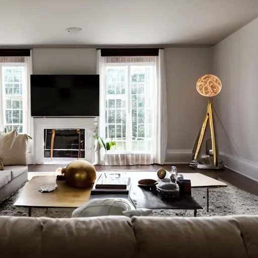 Prompt: a living room illuminated by a glowing orb placed on the coffee table