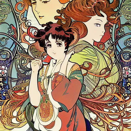 Prompt: anime manga ornaments illustration style by Alphonse Mucha and James Roper pop art pattern nouveau