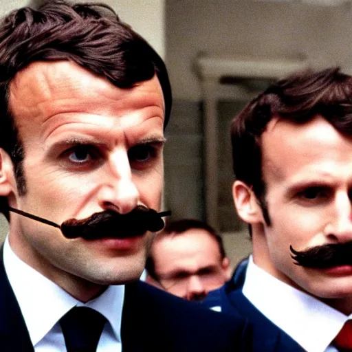 Image similar to Emmanuel Macron wearing a mustache in American Psycho (1999)