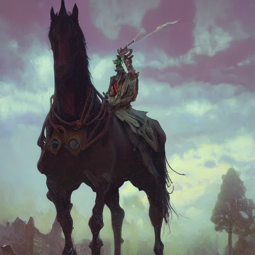 Prompt: oil painting of a gothic horse by Simon Stålenhag, by Stanley Artgerm Lau, Greg Rutkowski,Thomas Kindkade,Alphonse Mucha, Loish, Norman Rockwell, trending on artstation , rule of thirds, Highly detailed, anatomically correct, dramatic lighting, fashion, oil on canvas