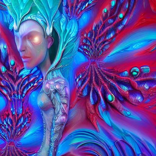 Image similar to Face of a Alien Deity, corals, plume made of fractals, extremly detailed digital painting, in the style of android jones, artwork of a futuristic artificial intelligence superstar, mystical colors, rim light, beautiful lighting, 8k, stunning scene, raytracing, octane, trending on artstation