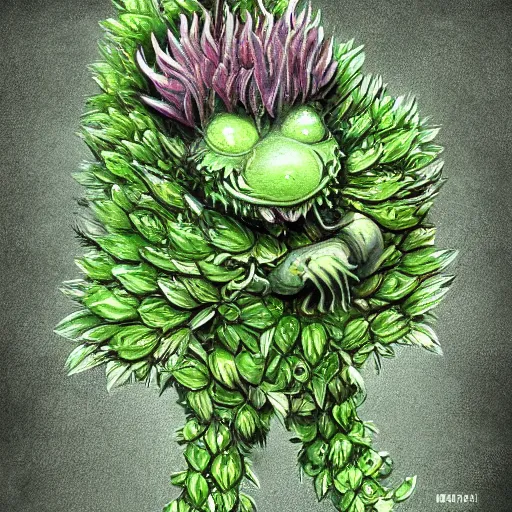 Image similar to A plant monster, highly detailed, digital art, sharp focus, trending on art station, leaves, moss, ferns, thistle