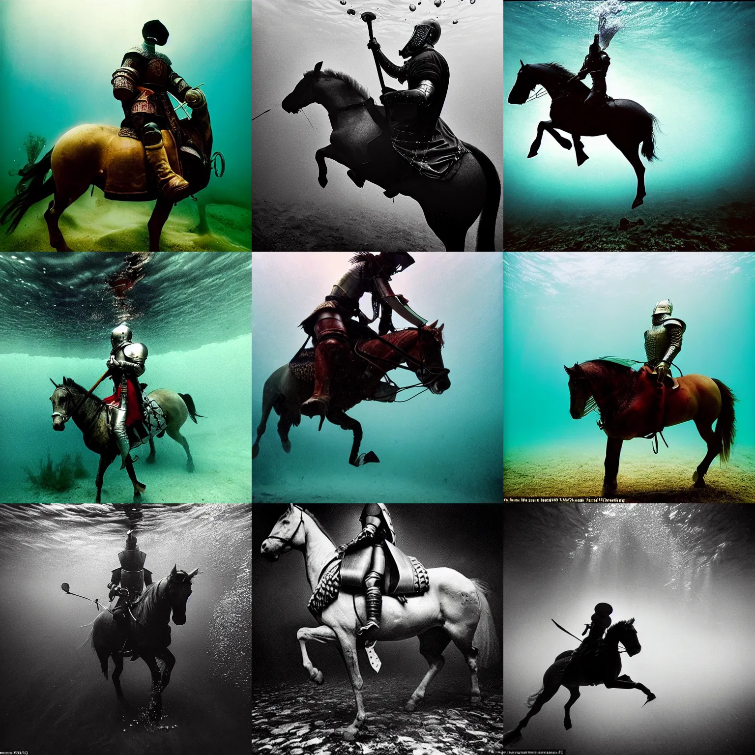 Image similar to Underwater photo of a medieval knight on a horse by Trent Parke, clean, detailed, Magnum photos