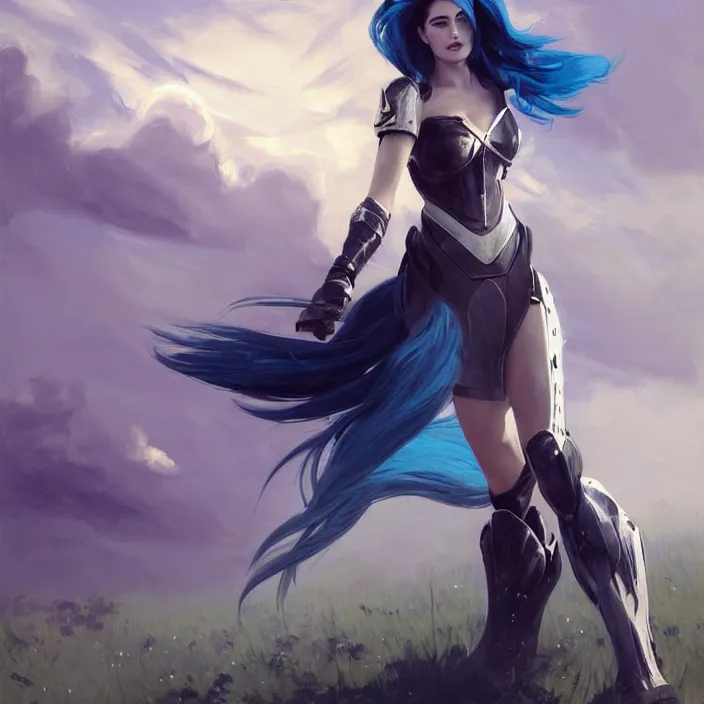 Image similar to portrait of a combination of Ashley Greene, Adriana Dxim, Grace Kelly and Lily Collins with blue hair in Warframe armor, countryside, calm, fantasy character portrait, dynamic pose, above view, sunny day, thunder clouds in the sky, artwork by Jeremy Lipkin and Giuseppe Dangelico Pino and Michael Garmash and Rob Rey and Greg Manchess and Huang Guangjian, very coherent asymmetrical artwork, sharp edges, perfect face, simple form, 100mm