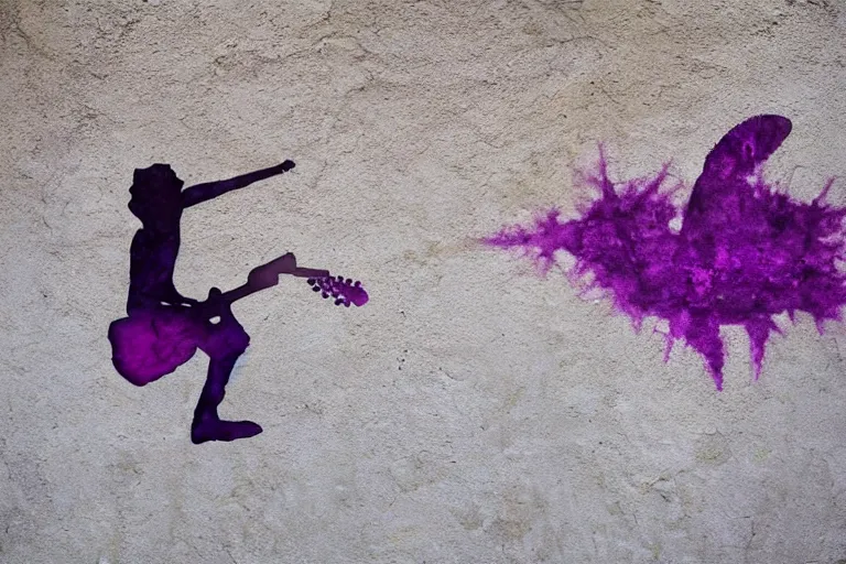 Image similar to dripping purple faded paint across the shape of a human playing guitar, realistic, extremely detailed, coming out of the ancient wall