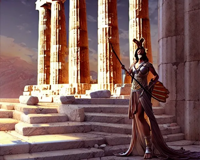 Image similar to Athena in the Athena Temple in Greece, highly detailed, intricate architecture, sharp focus, fantasy art by Artgerm and Greg Rutkowski and WLOP