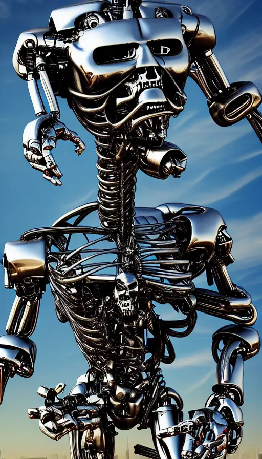 Image similar to destroyed terminator lying in a field of flowers, twisted metal, chrome, reflections, anthropomorphic, photorealism, smoke, metal, 8 k, surreal, wires, smooth, sharp focus, top view, extremely detailed, hyperrealism, elegant, establishing shot, by jeff koons, artgerm and greg rutkowski