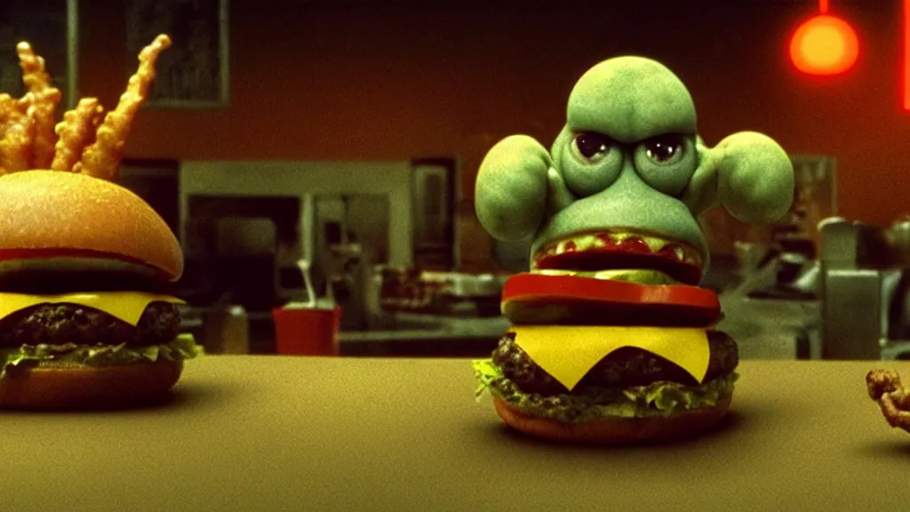 Image similar to the strange cheeseburger creature at the fast food place, film still from the movie directed by denis villeneuve and david cronenberg with art direction by salvador dali and zdzisław beksinski, commercial, wide lens