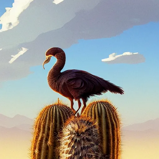 Image similar to A Dodo bird perched atop a Saguaro cactus in the desert, digital art, trending on Artstation, high detail, sharp focus, illustration, art by artgerm and greg rutkowski and alphonse mucha.