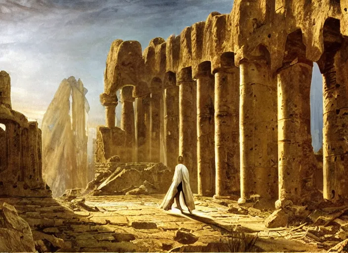 Image similar to a land of ruins of lost civilization with a fort in the middle, pure gold pillars, water tunnels below and a magical time gate to another dimension, a wounded man wearing a white robe standing watching over, dramatic lighting, dawn, by caspar david friedrich, concept art