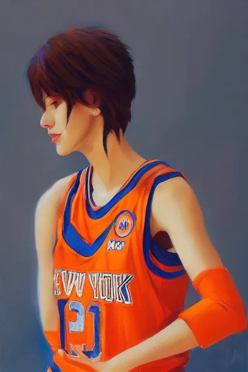 Prompt: A ultradetailed beautiful panting of a stylish woman, she is wearing a New York Knicks basketball jersey, Oil painting, by Ilya Kuvshinov, Greg Rutkowski and Makoto Shinkai