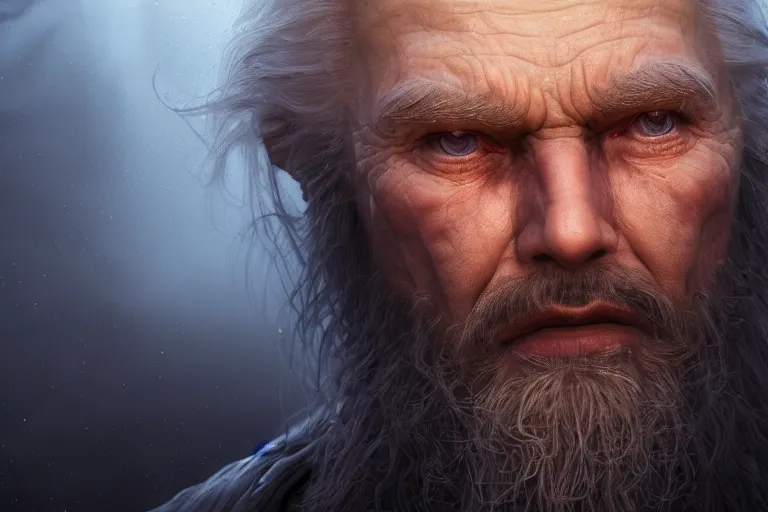 Image similar to an ultra realistic cinematic close up headshot portrait of an evil wizard, background of a vast serene landscape with trees and rivers, detailed, deep focus, movie still, dramatic lighting, ray tracing, by michal karcz and yoshitaka amano