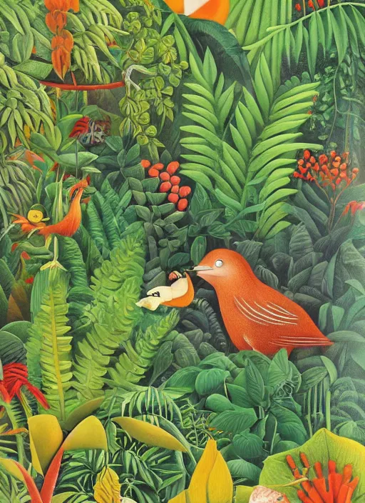 Image similar to rare bird in the jungle, highly detailed, style of henri rousseau and richard scarry