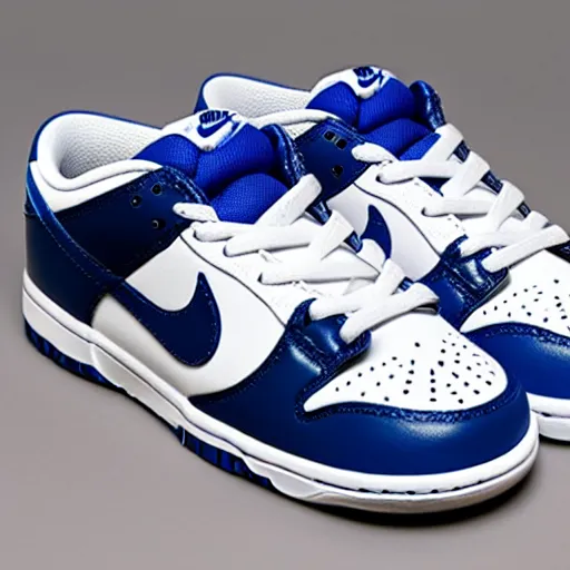 Image similar to a press photograph of nike dunk low baby blue and white, size 1 0, white background